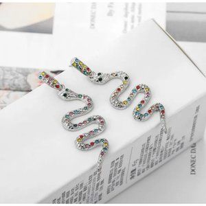 Womens Silver Colored Rhinestone Inlaid Silver Long Snake Earrings